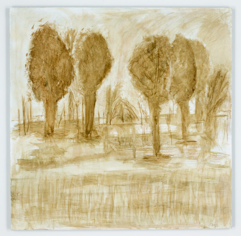 Brown acrylic sketch of trees in a field