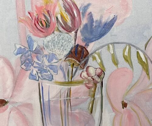 A vase of flowers on a pink background