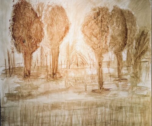 Brown drawing of trees in a yard