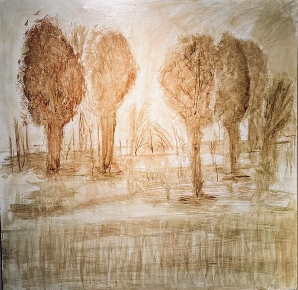 Brown drawing of trees in a yard