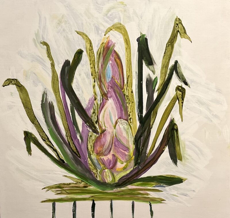 A painting of a green plant with flowers