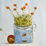 A painting of a jar of apples with a fish and apple