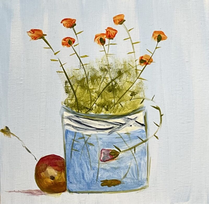 A painting of a jar of apples with a fish and apple