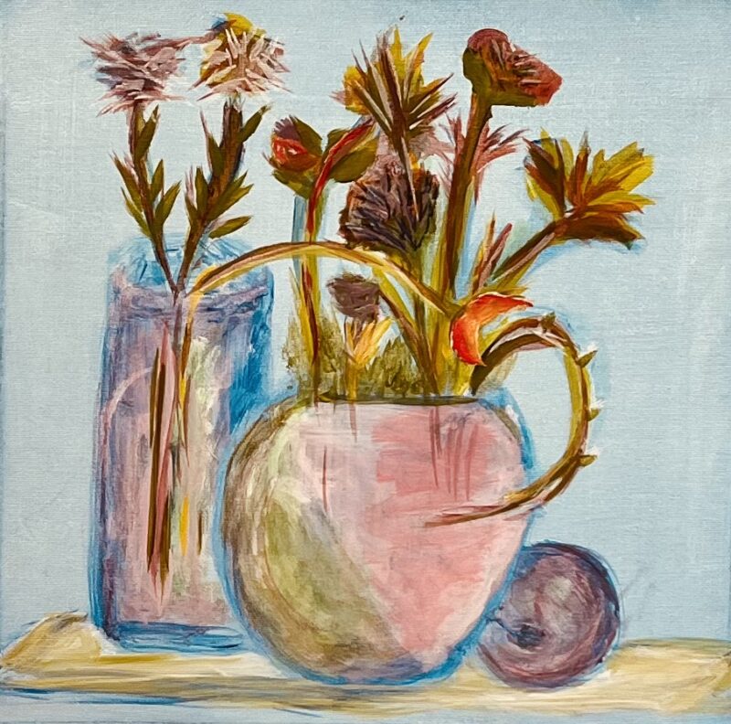 A painting of weeds in vases