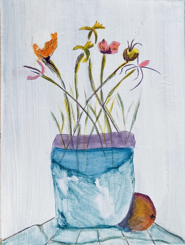 A painting of a vase with flowers