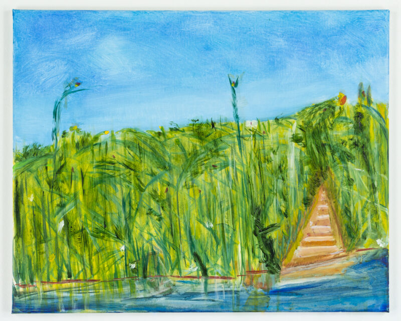 Painting of an entrance to a pond.