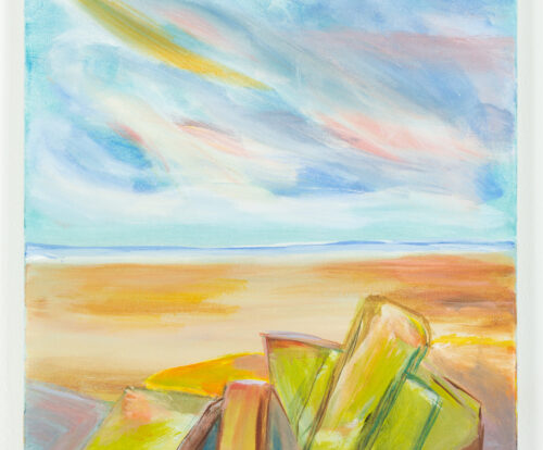 Painting of a sunny beach scene.