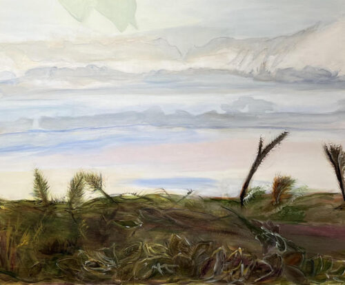 Painting of greenery near an ocean.