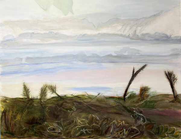 Painting of greenery near an ocean.