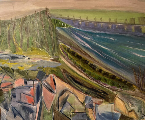 Painting of a train and river.