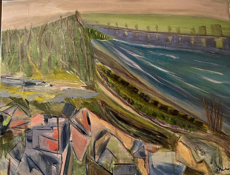 Painting of a train and river.