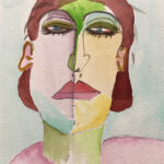 Watercolor of a woman with green makeup.