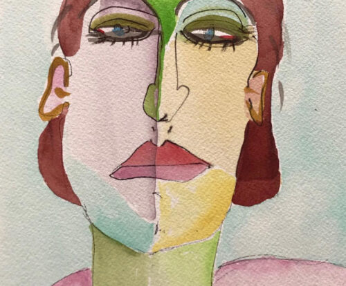 Watercolor of a woman with green makeup.