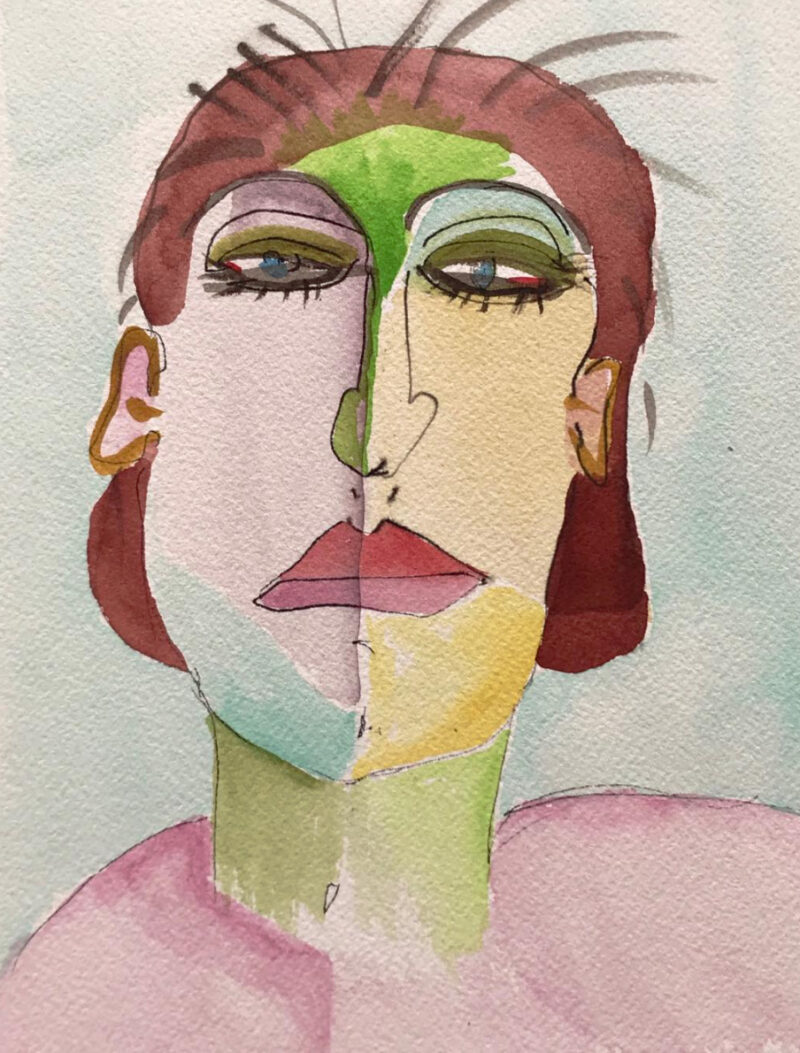 Watercolor of a woman with green makeup.