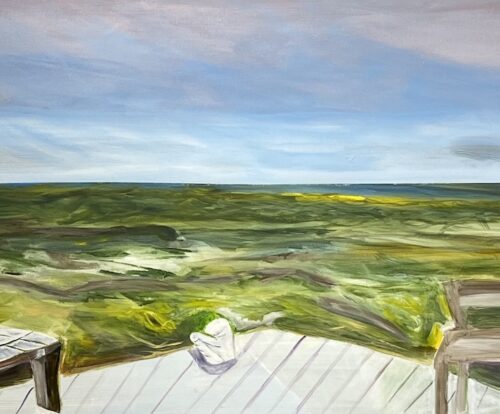 Painting of a dock looking over landscape