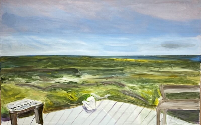 Painting of a dock looking over landscape