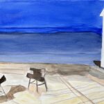 Painting of chairs and the ocean.