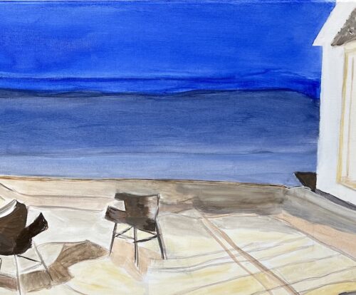 Painting of chairs and the ocean.