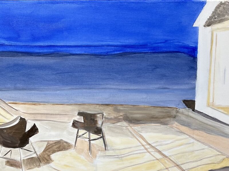 Painting of chairs and the ocean.