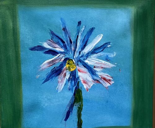 Painting of a Dalia on a blue background