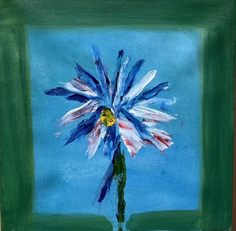 Painting of a Dalia on a blue background