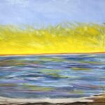 Shore line. Horizon line. Acrylic on canvas. 2025. $750. painting of a shore line at a lake