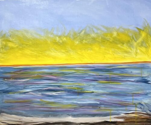 painting of a shore line at a lake