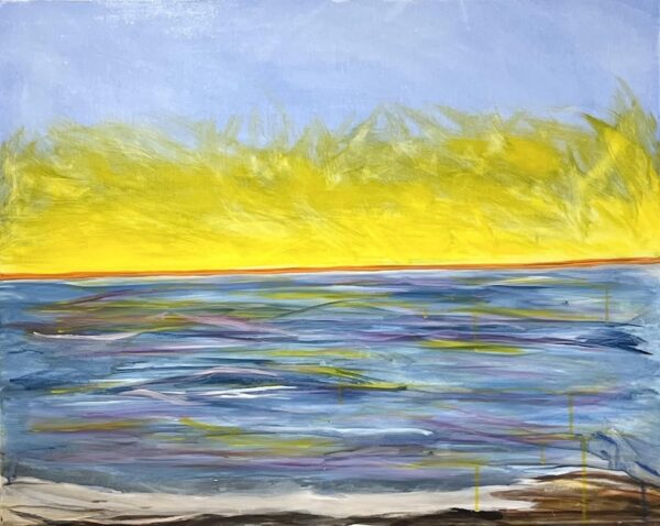 painting of a shore line at a lake